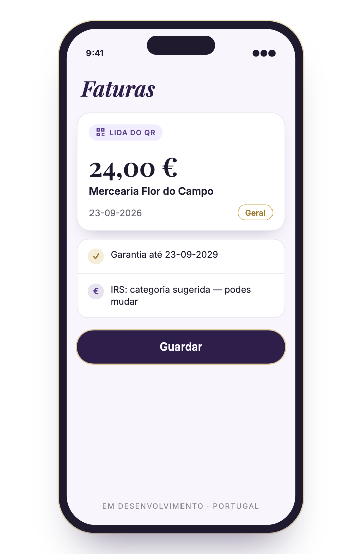 Desenho do primeiro ecrã da app Faturas: uma fatura lida do QR, 24,00 euros, Mercearia Flor do Campo, 23-09-2026, categoria Geral, garantia até 23-09-2029 e botão Guardar.